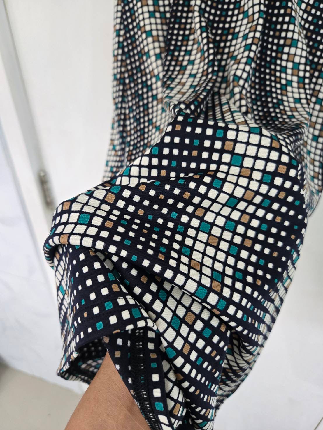 Geometric Checkered V-Neck Mini Dress — Capped Sleeves — Cloister