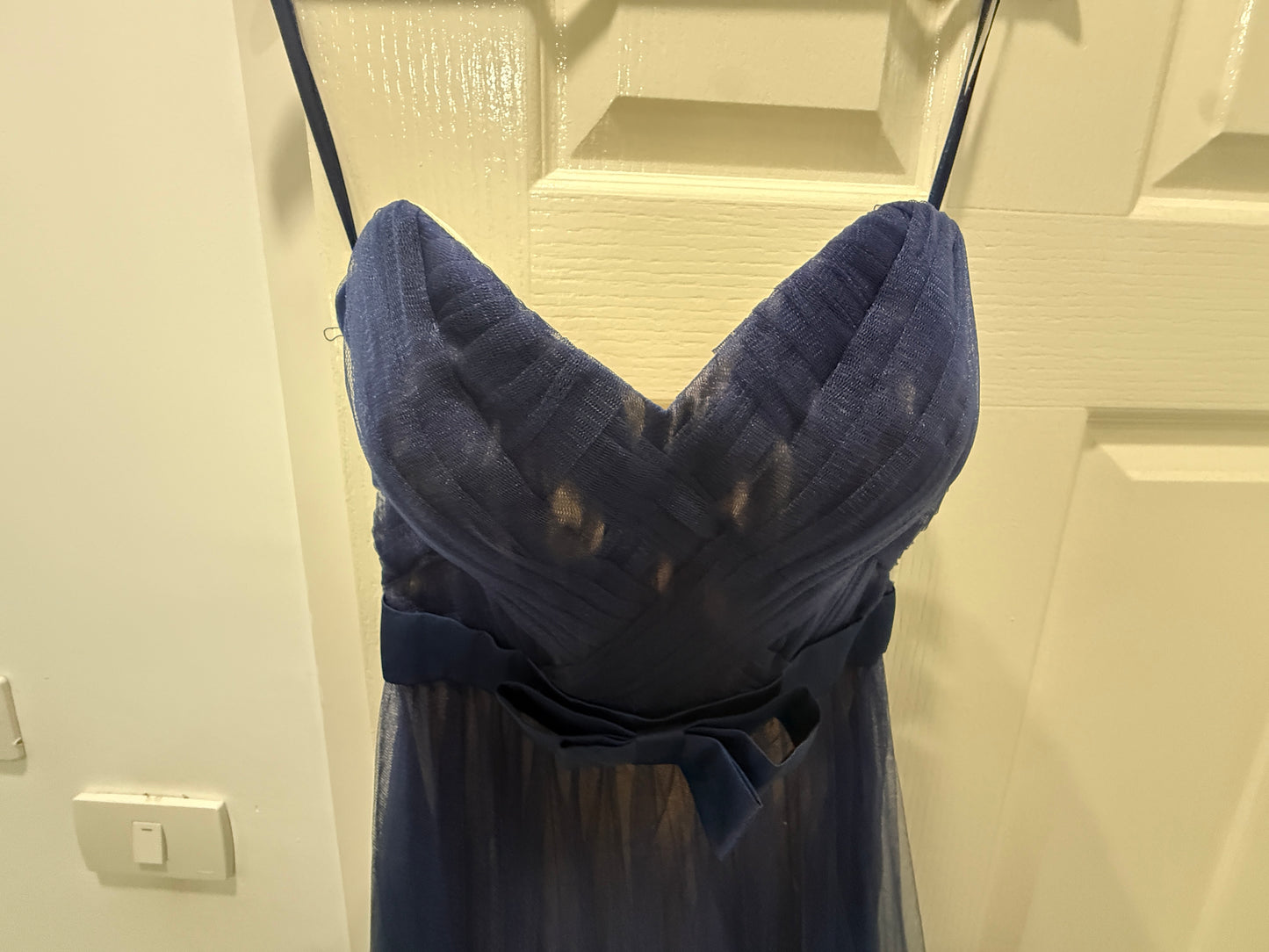 La Femme Navy Tulle Strapless Gown