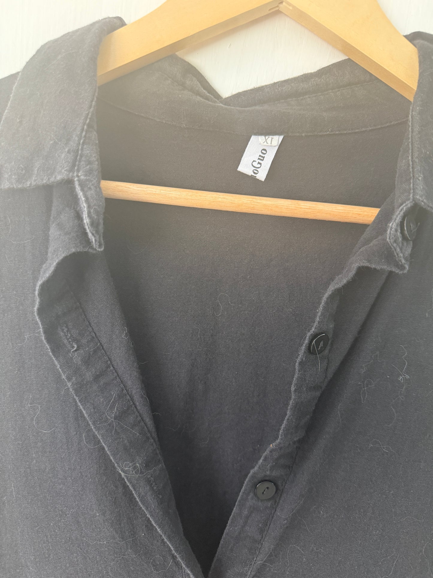 Black Gathered-Waist Shirt Dress — Button-Down Classic Silhouette — Yu Guo Guo