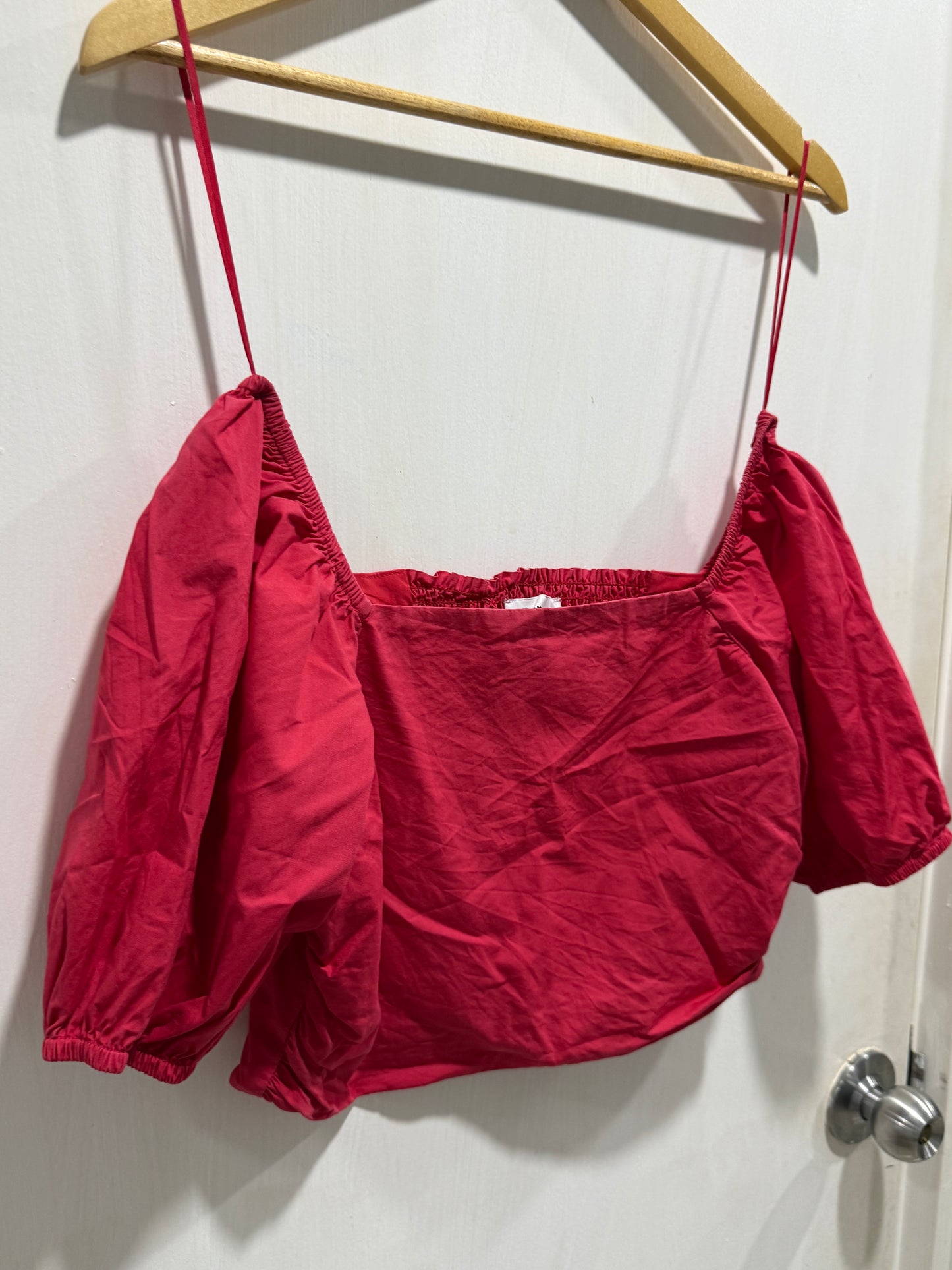 Pomelo Red Square-Neck Puff Sleeve Crop Blouse M