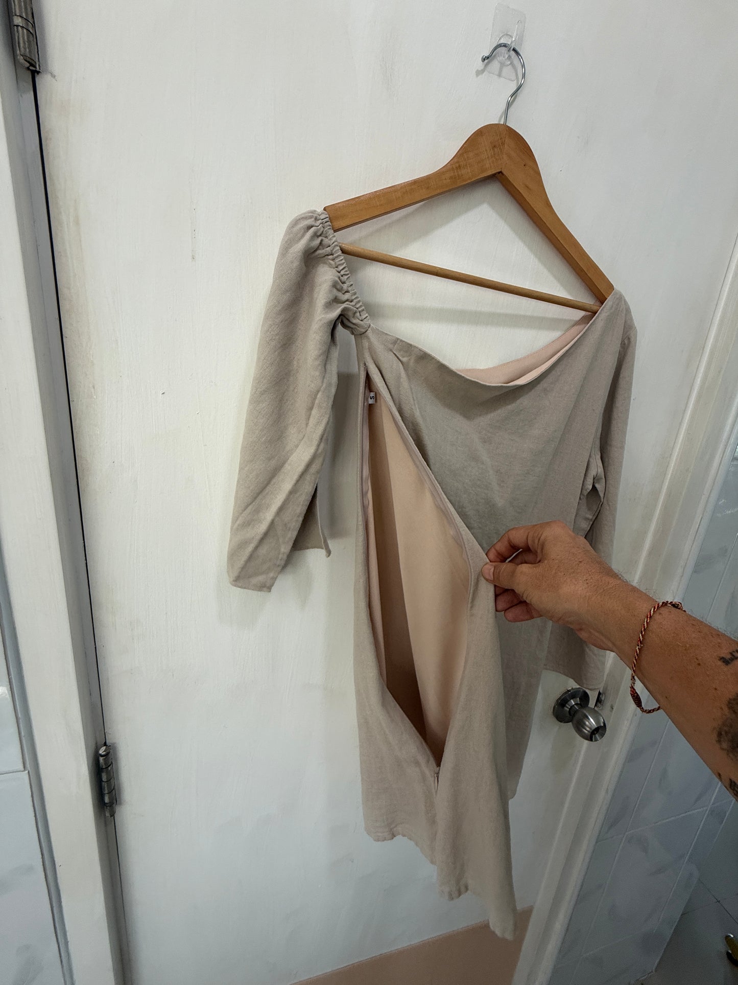 Beige Asymmetric Off-the-Shoulder Mini Dress — Effortless Summer Chic — No Label
