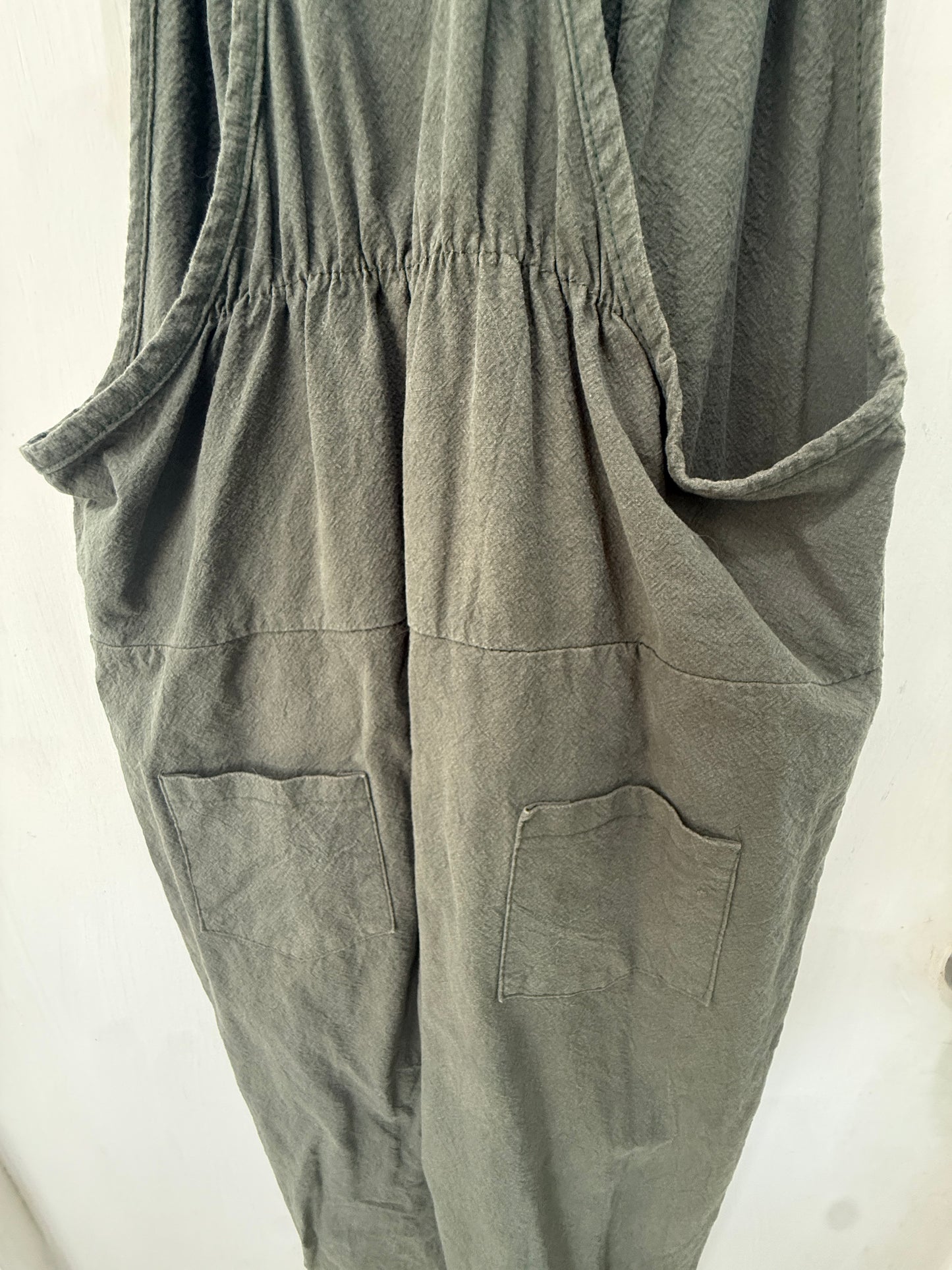Dark Olive Linen Bib-Overall Relaxed Jumpsuit — Earthy Effortless Style — No Label