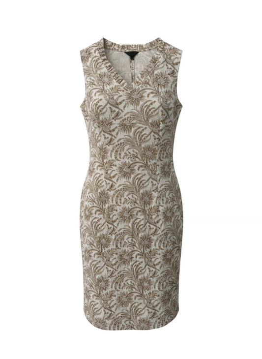 Beige Botanical Floral Linen Sheath Dress — Relaxed Garden Elegance — Reflect