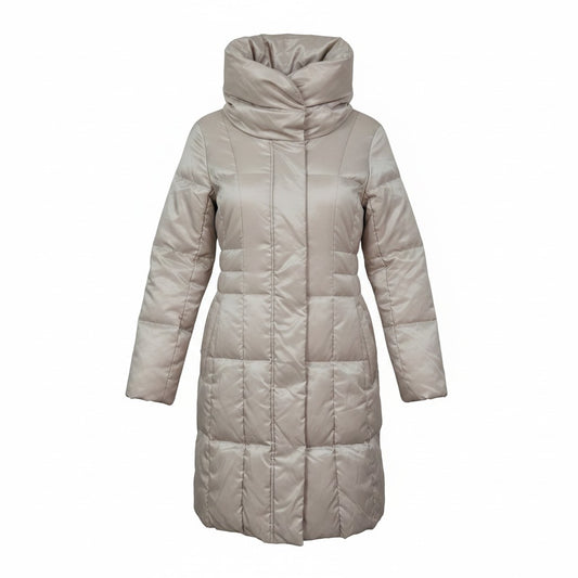 Beige Long Down Coat — Draped Collar — Fob Export Tokyo Style