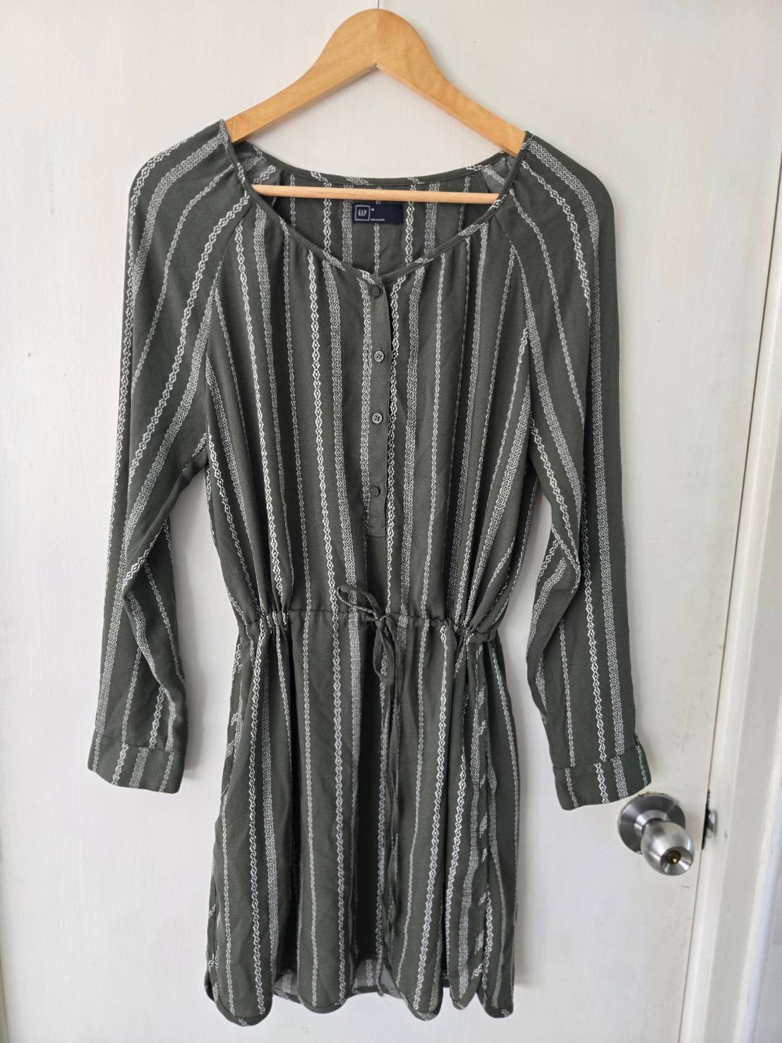 Olive Striped Boho Dress — Drawstring Waist — GAP