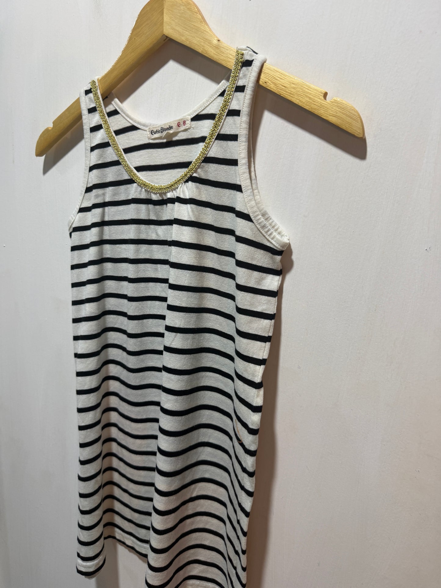 Cutie Blonde White & Black Striped Tank Dress with Gold Trim L