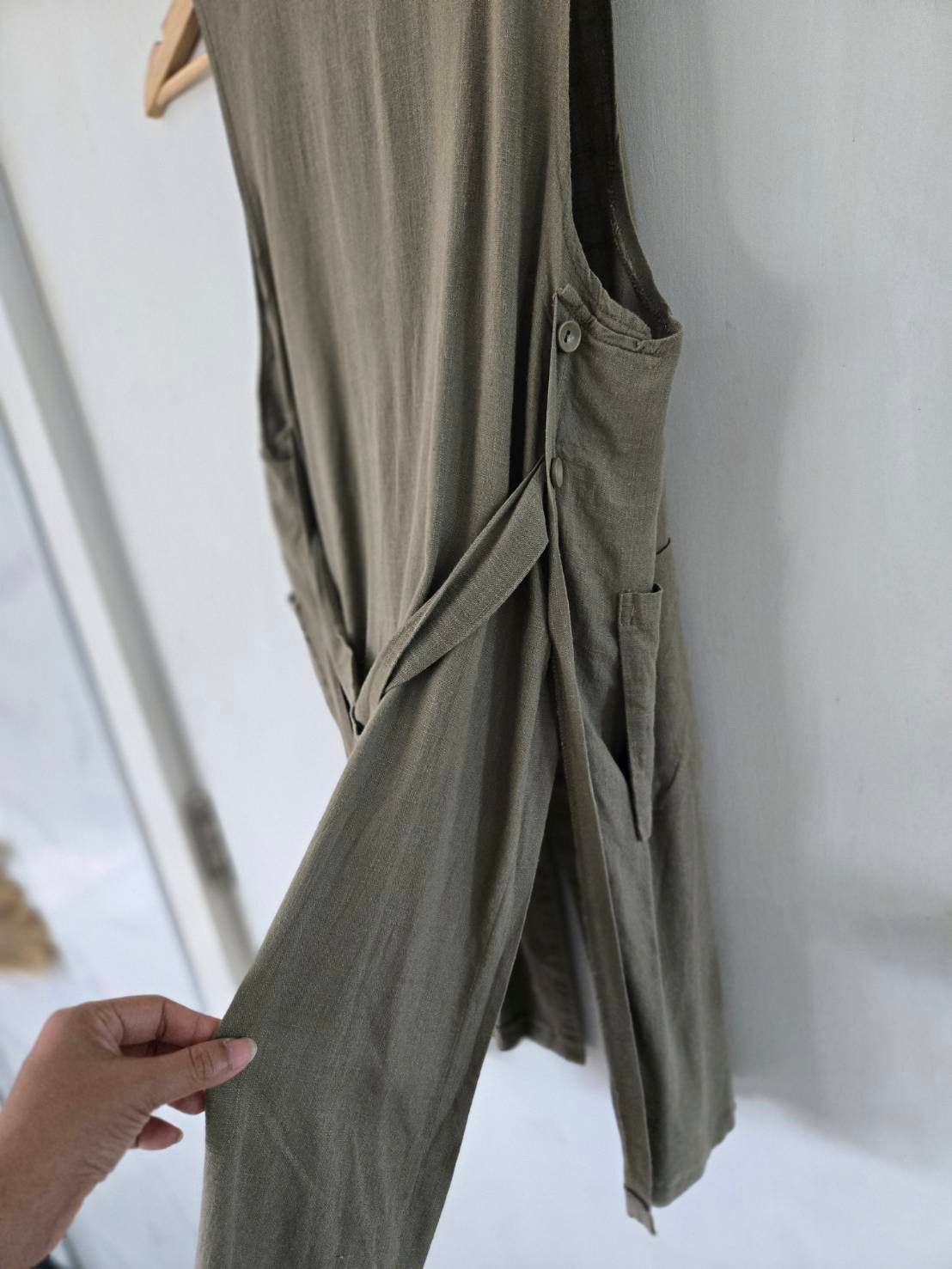 Olive Green Linen Long Vest — Single Button — No Label