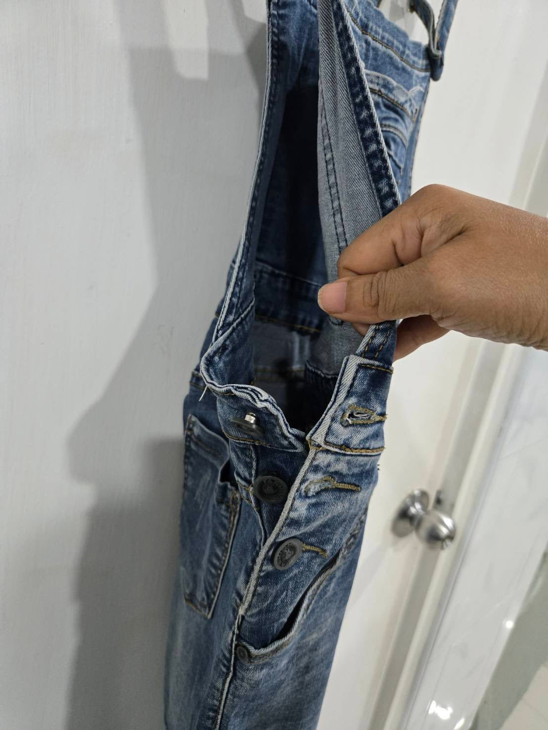 Distressed Denim Overalls — Slim Adjustable Strap Fit — No Brand