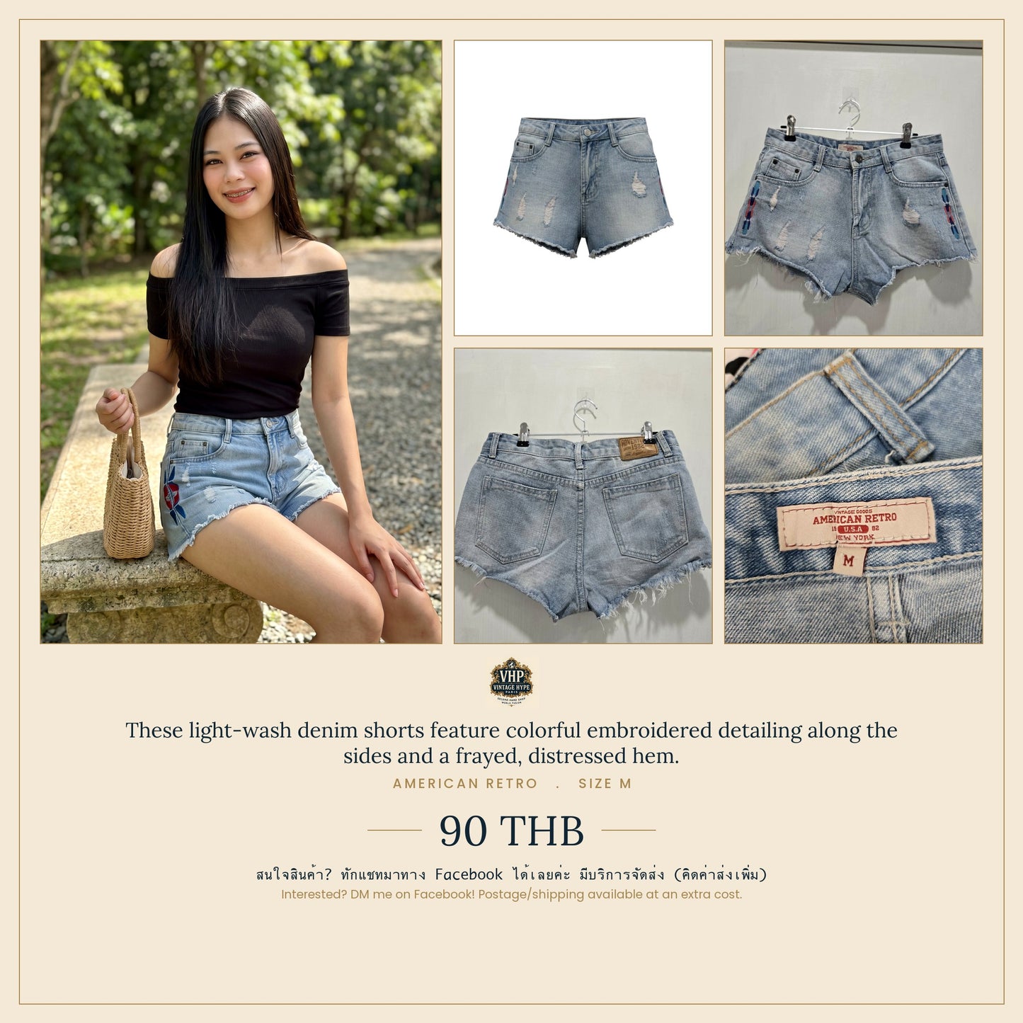 American Retro Light Wash Embroidered Distressed Denim Shorts Size M