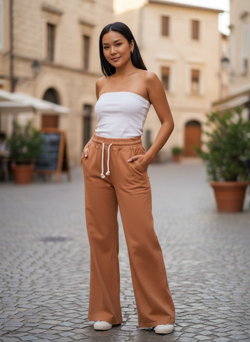 Cinnebar Orange Linen-Blend Beach Pants — Drawstring Waist — Roxy