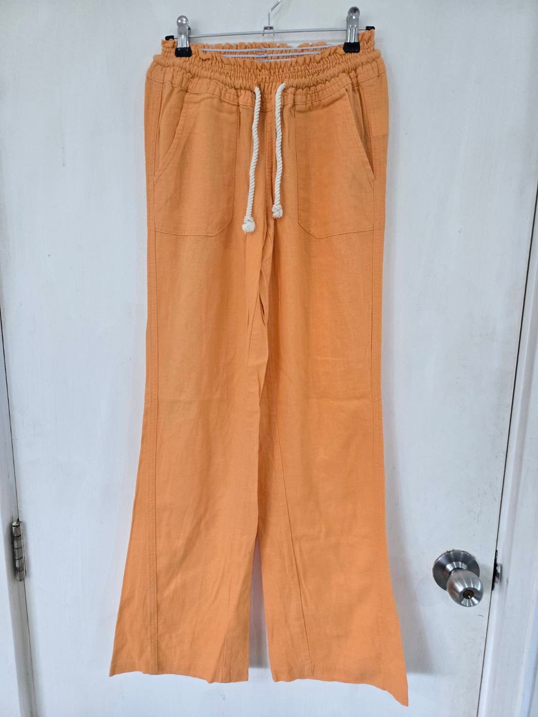 Cinnebar Orange Linen-Blend Beach Pants — Drawstring Waist — Roxy