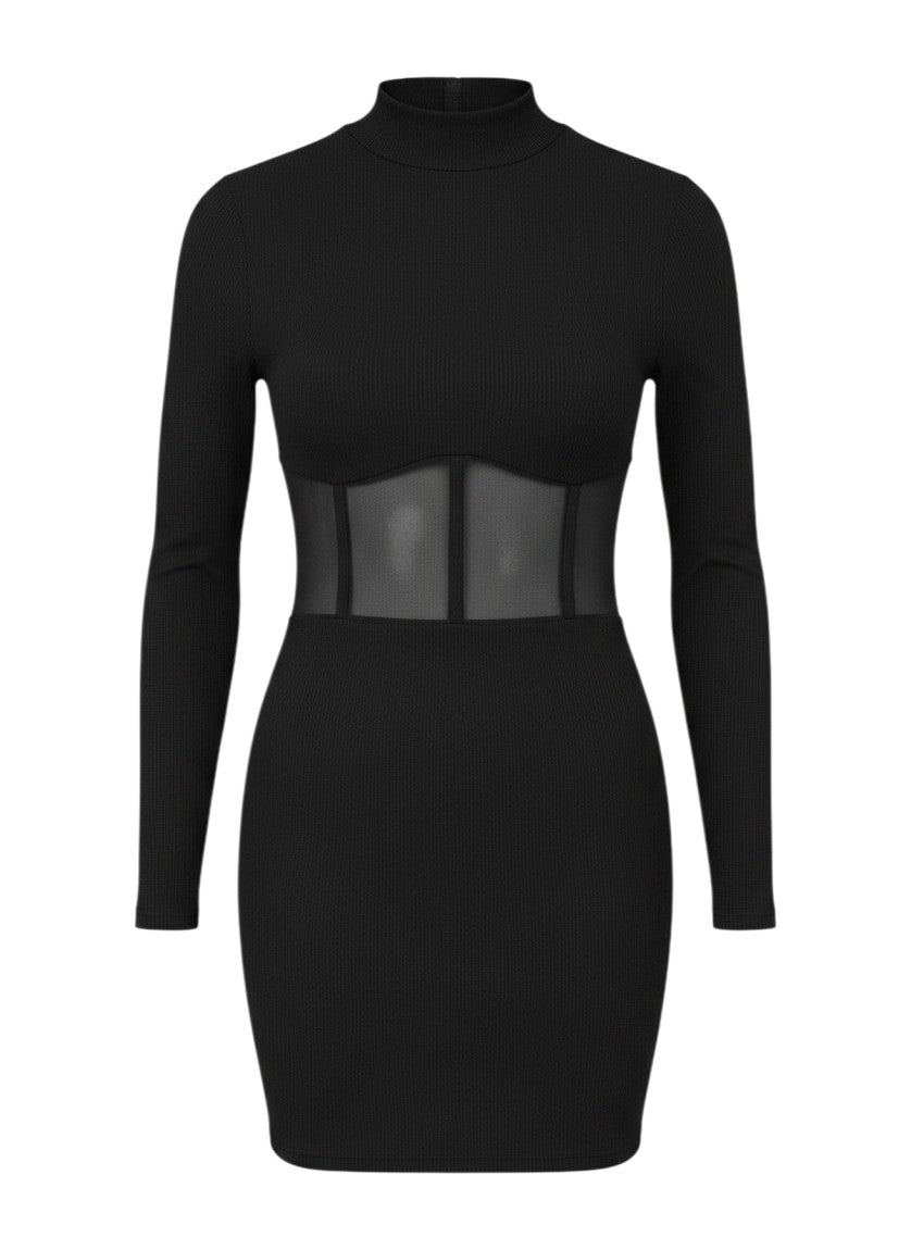Black Mesh Panel Mini Dress — Long Sleeve Ribbed Knit — SHEIN