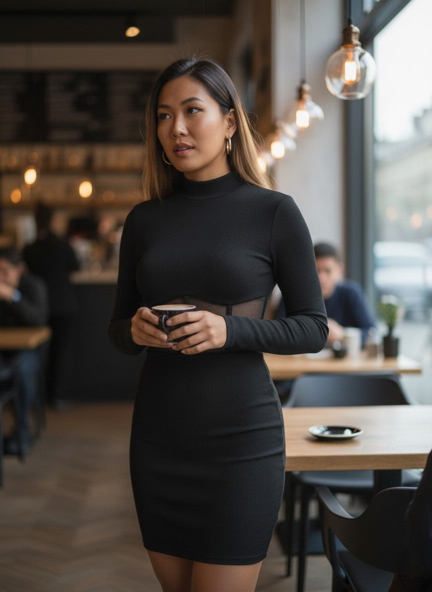 Black Mesh Panel Mini Dress — Long Sleeve Ribbed Knit — SHEIN