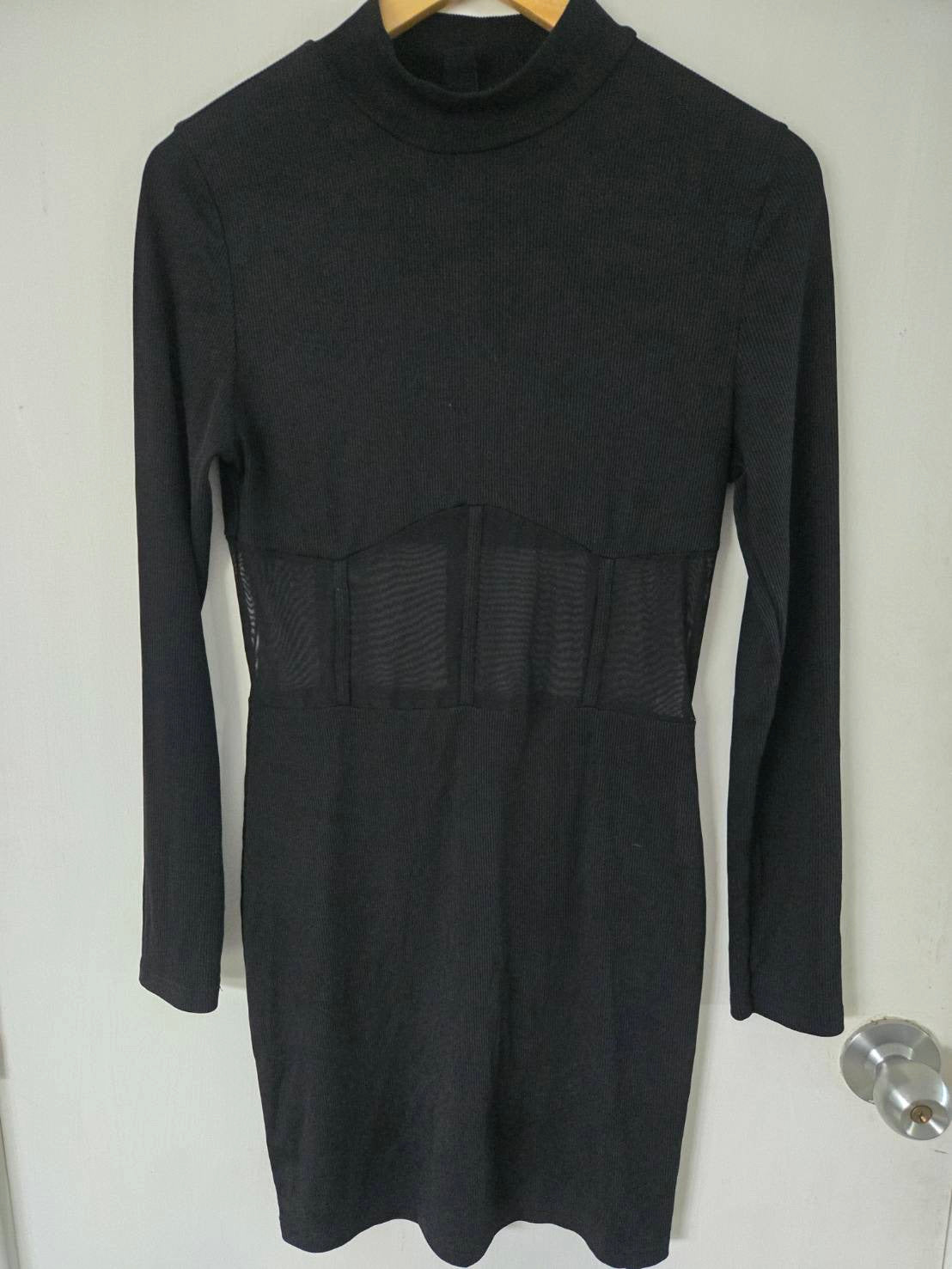 Black Mesh Panel Mini Dress — Long Sleeve Ribbed Knit — SHEIN