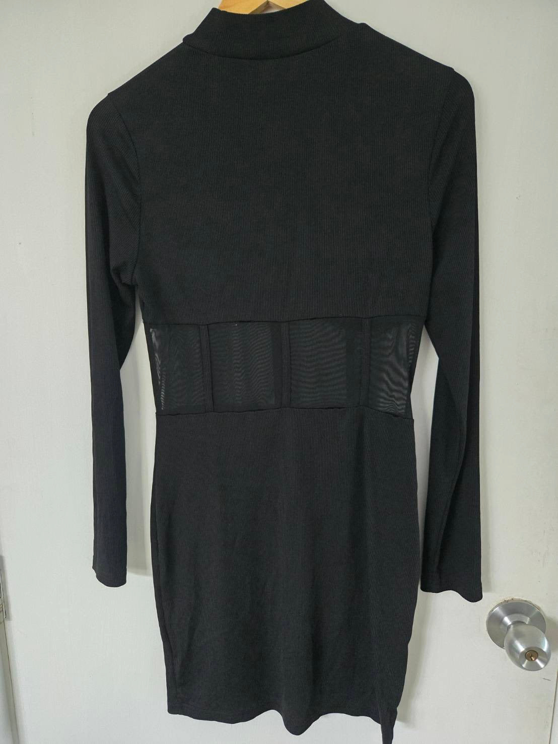 Black Mesh Panel Mini Dress — Long Sleeve Ribbed Knit — SHEIN