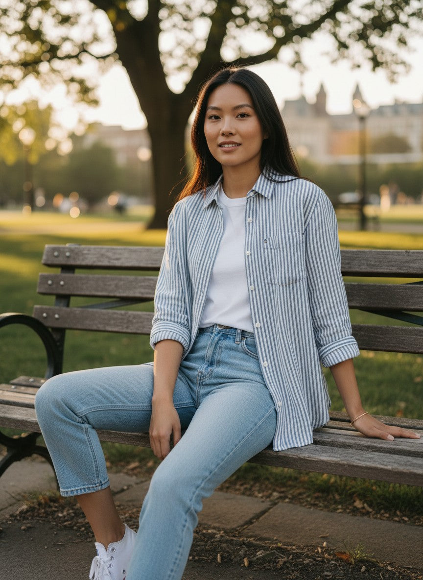 White & Blue Striped Button-Up Shirt — Nautical Relaxed Fit — Heart Market