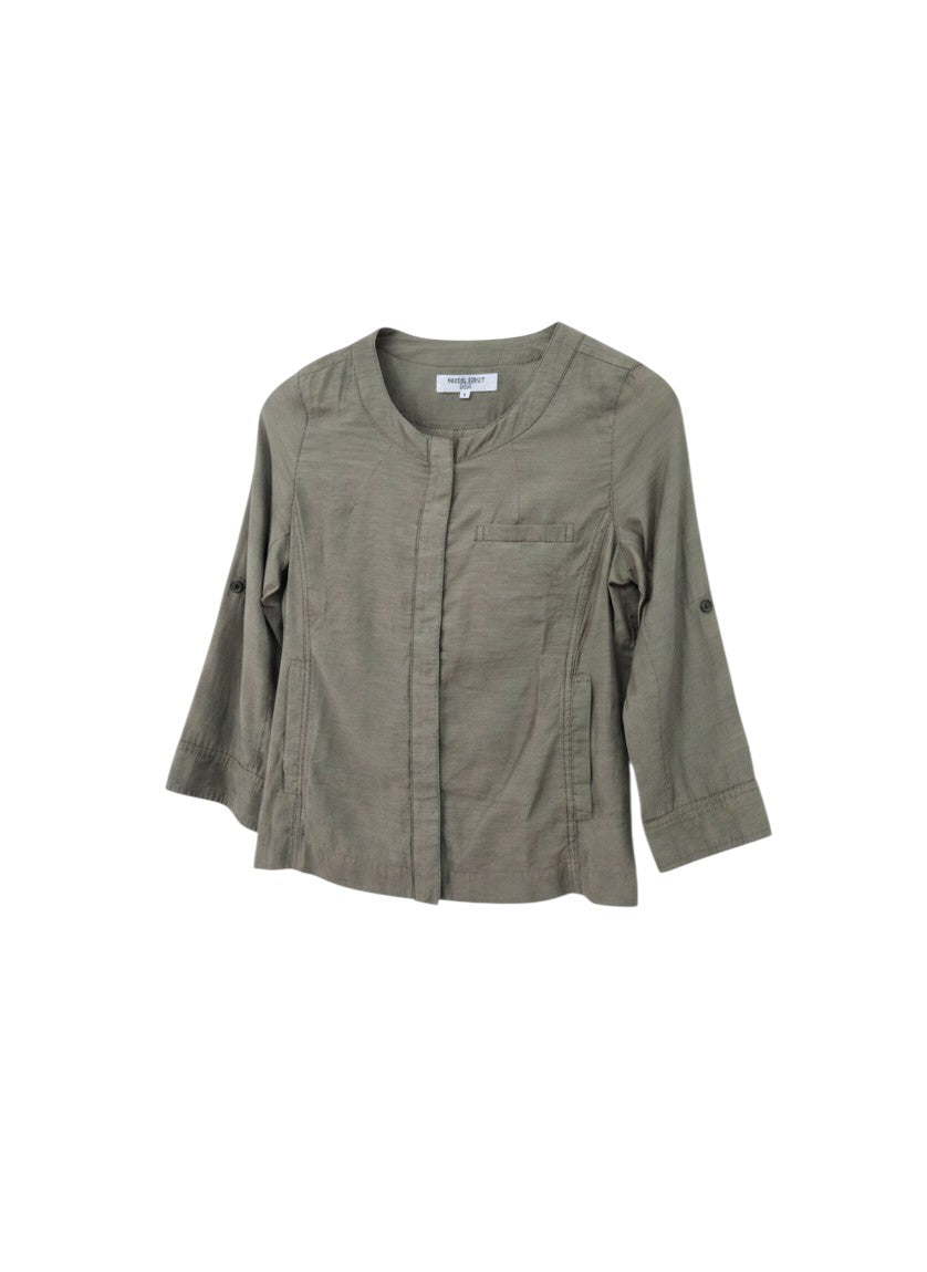 Olive Green Collarless Zip Jacket — Relaxed Silhouette — Natural Beauty Basic