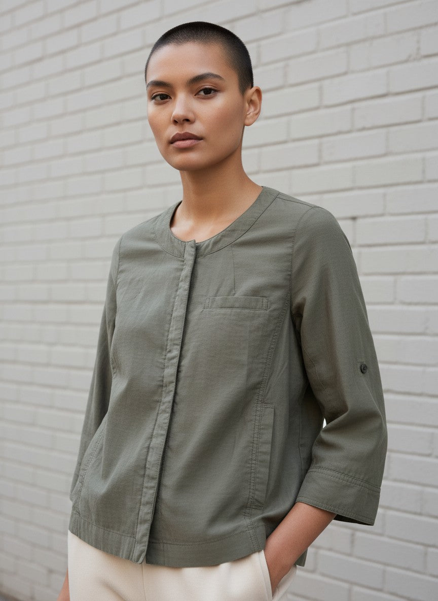 Olive Green Collarless Zip Jacket — Relaxed Silhouette — Natural Beauty Basic