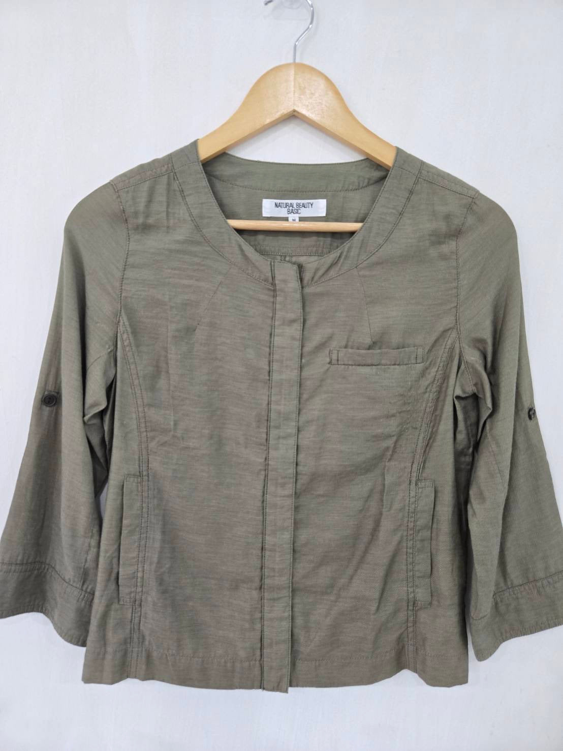 Olive Green Collarless Zip Jacket — Relaxed Silhouette — Natural Beauty Basic