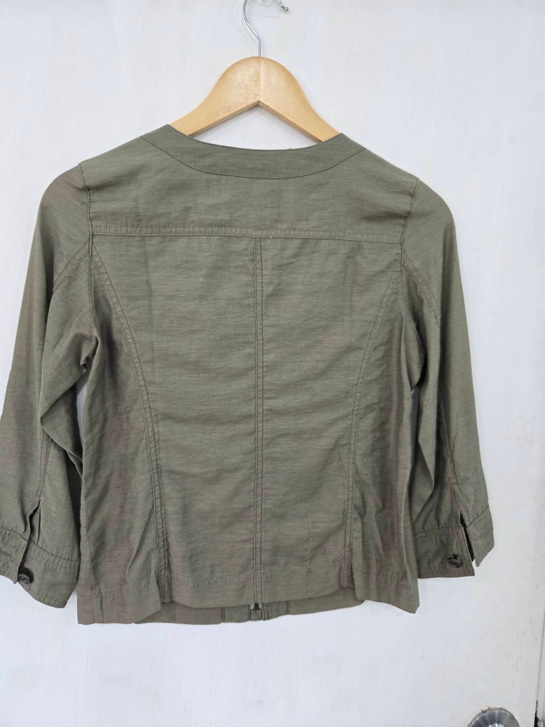 Olive Green Collarless Zip Jacket — Relaxed Silhouette — Natural Beauty Basic
