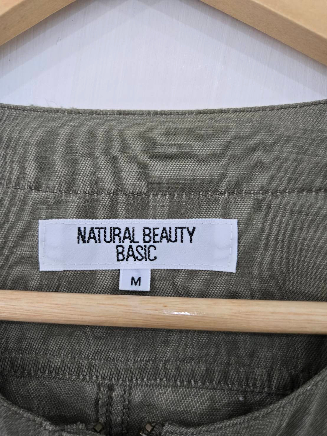Olive Green Collarless Zip Jacket — Relaxed Silhouette — Natural Beauty Basic