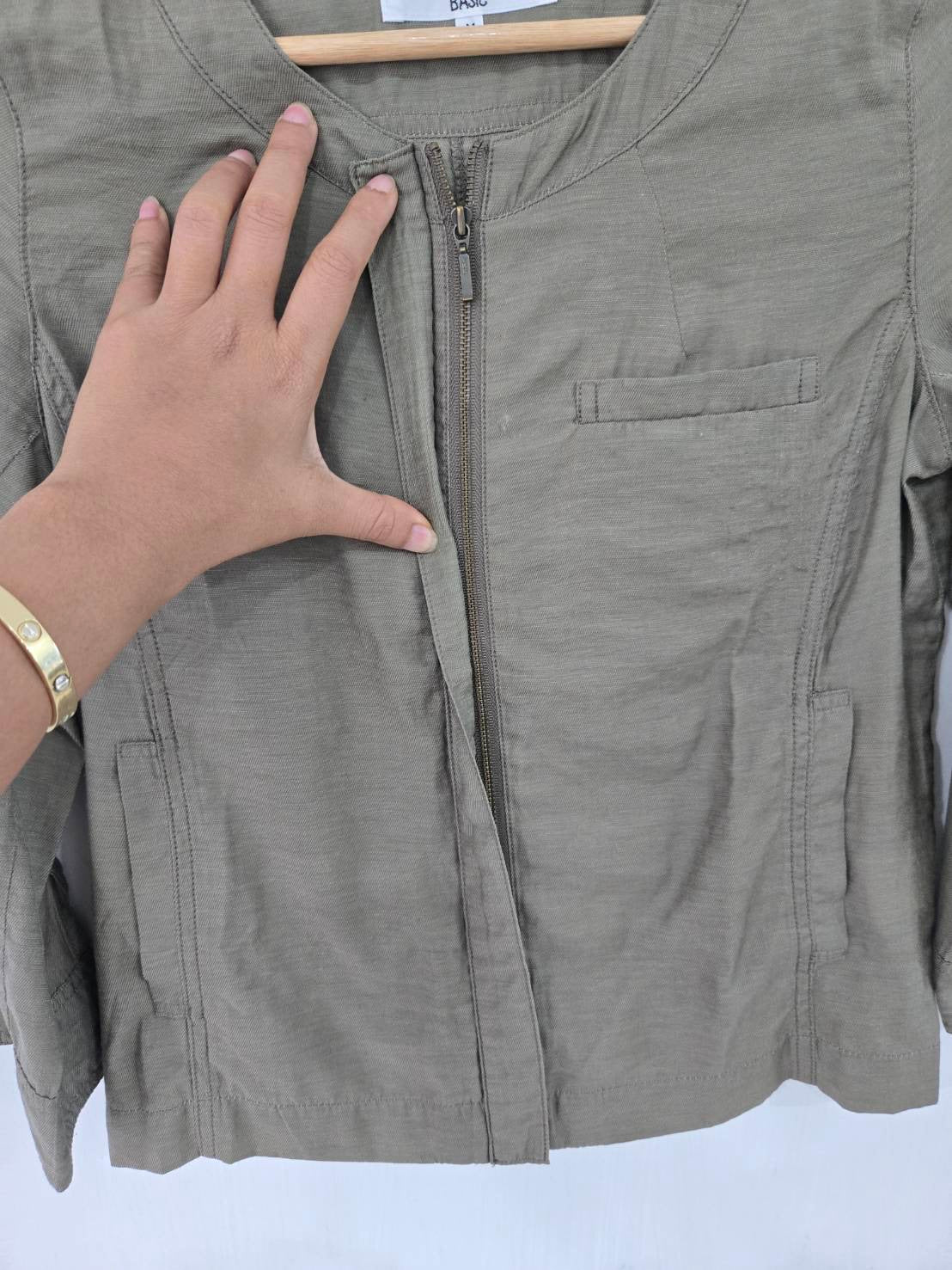 Olive Green Collarless Zip Jacket — Relaxed Silhouette — Natural Beauty Basic