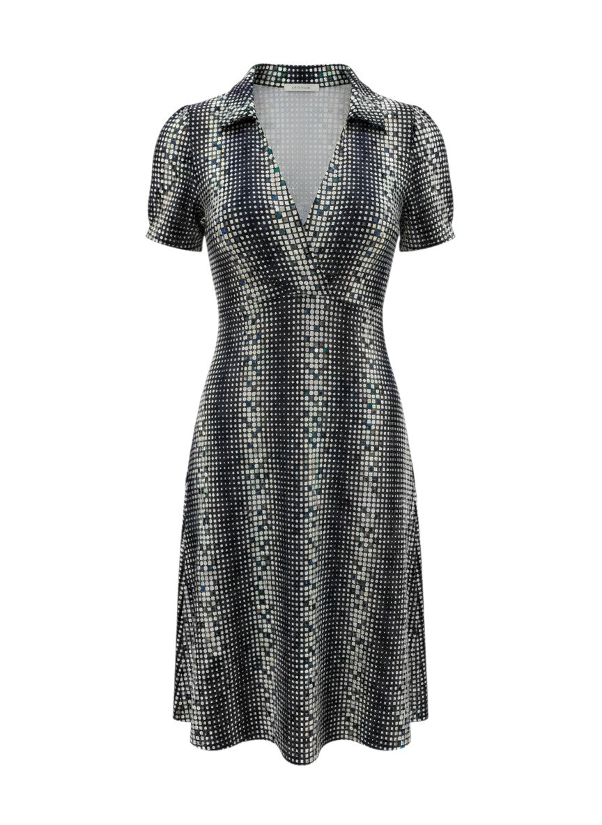 Geometric Checkered V-Neck Mini Dress — Capped Sleeves — Cloister