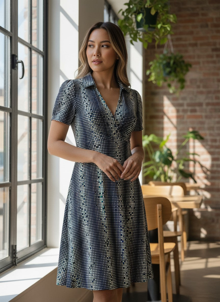 Geometric Checkered V-Neck Mini Dress — Capped Sleeves — Cloister