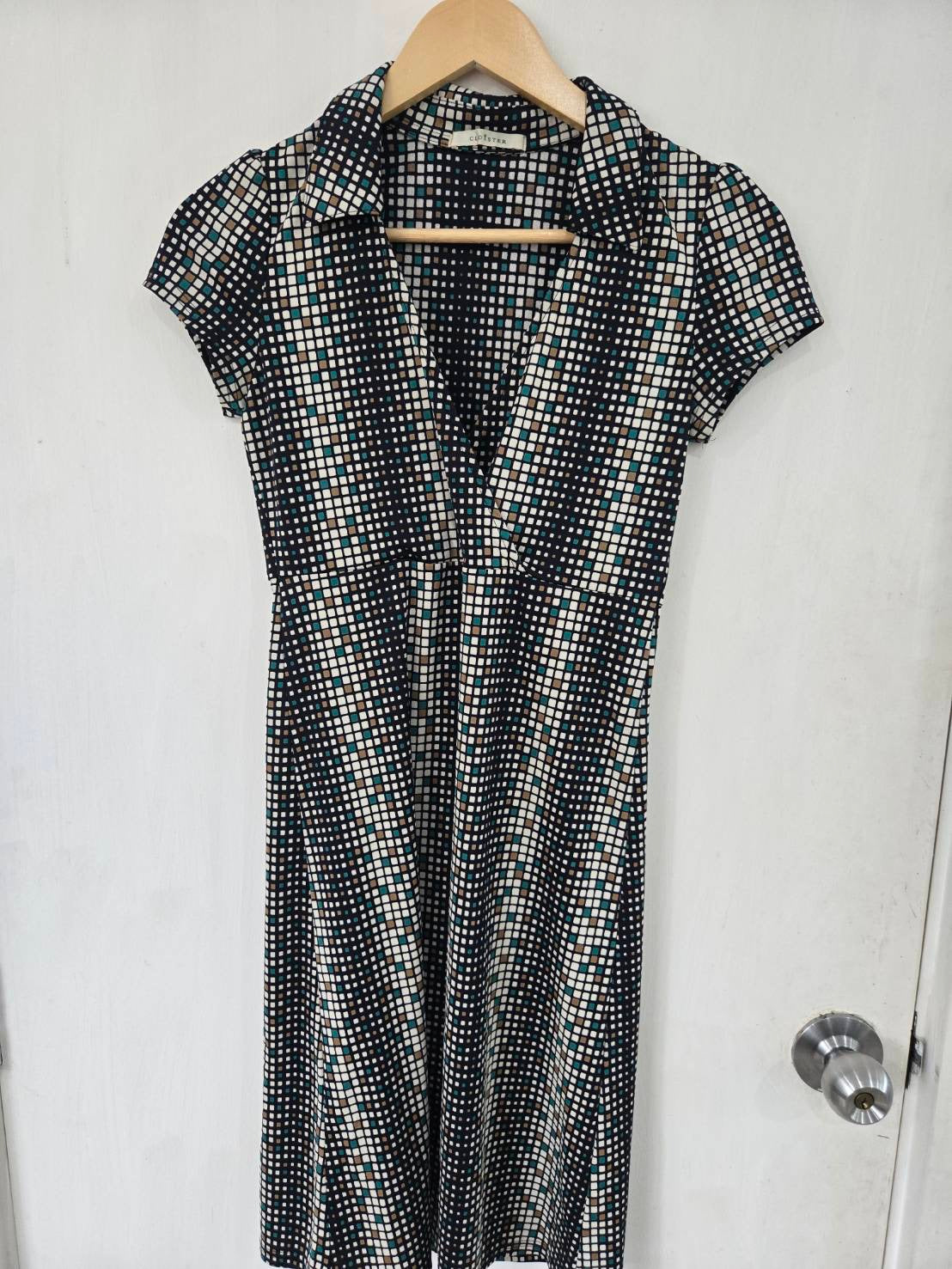 Geometric Checkered V-Neck Mini Dress — Capped Sleeves — Cloister