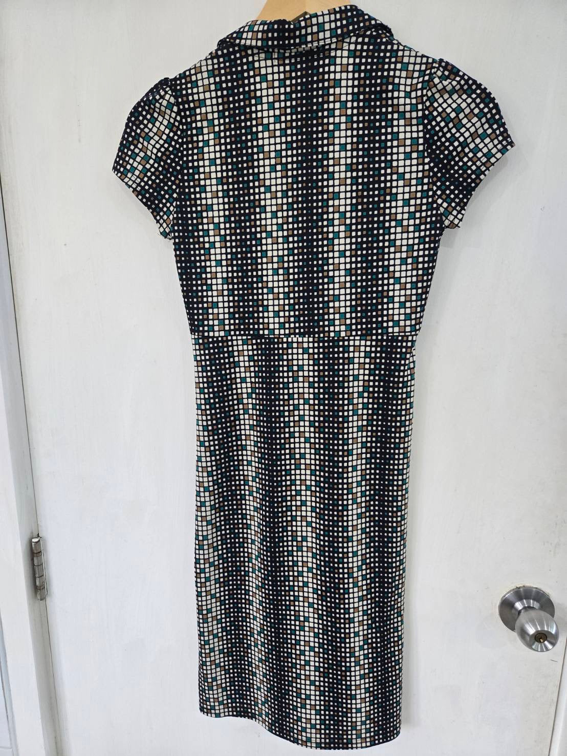 Geometric Checkered V-Neck Mini Dress — Capped Sleeves — Cloister