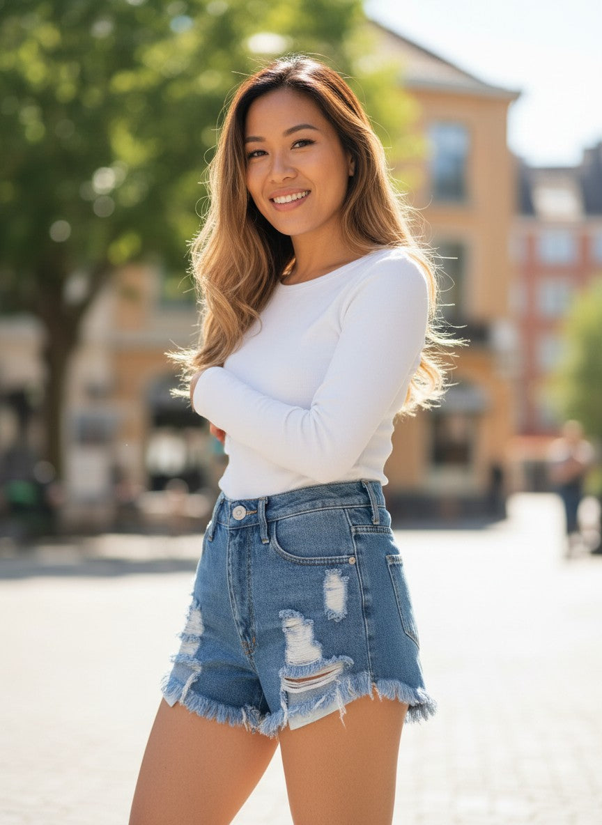 Distressed Denim Shorts — Ripped Frayed Hem — N3T Jeans