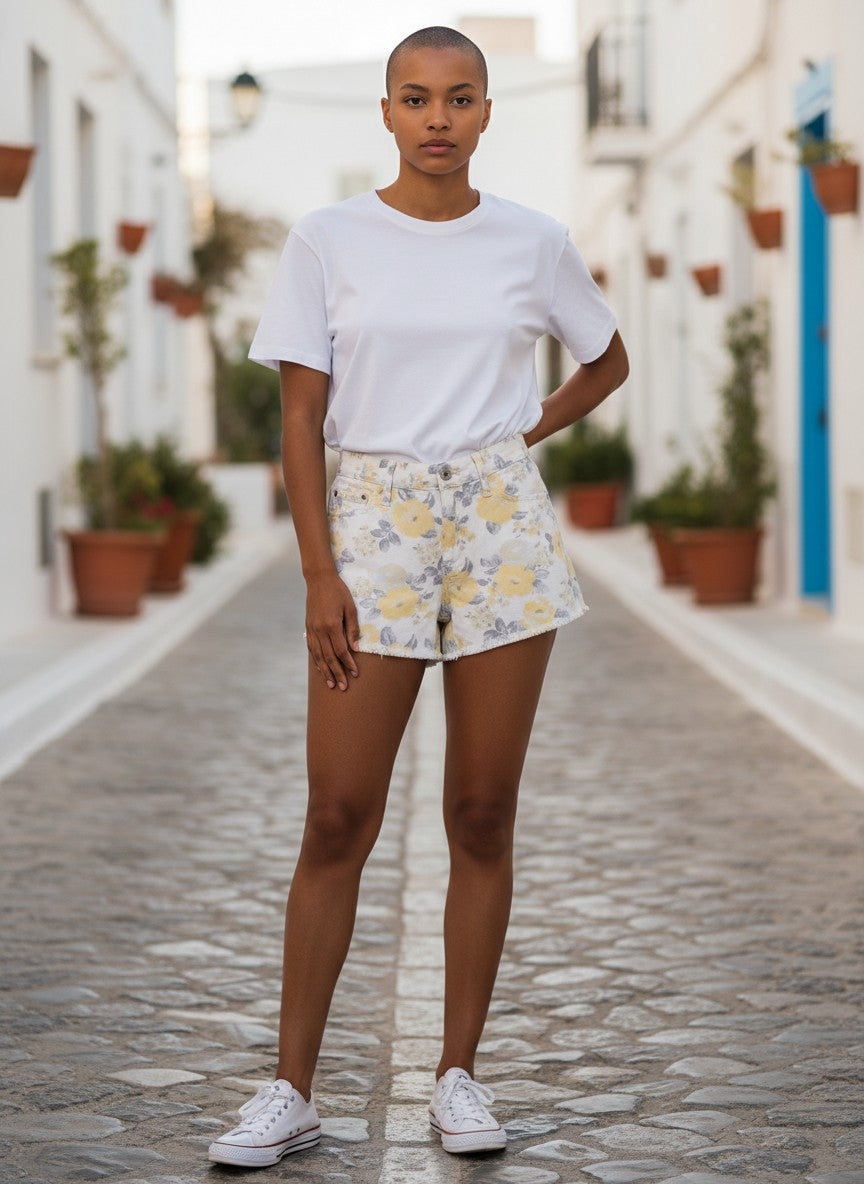 Light Wash Floral Denim Shorts — Feminine Print — GU