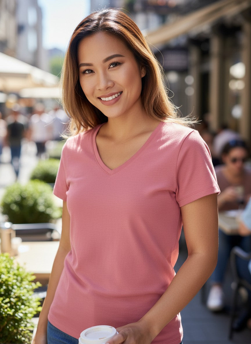 Coral Pink V-Neck T-Shirt — Soft Everyday Essential — H&M