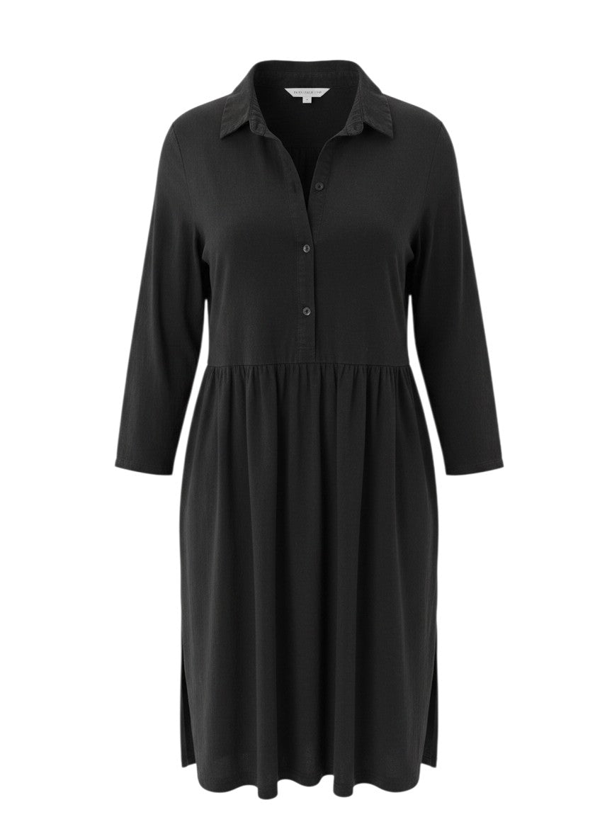 Black Gathered-Waist Shirt Dress — Button-Down Classic Silhouette — Yu Guo Guo