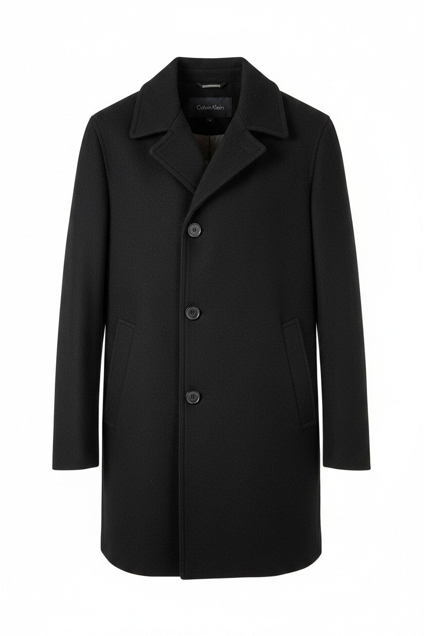 Men's Black Wool Coat — Notch Lapel — Calvin Klein