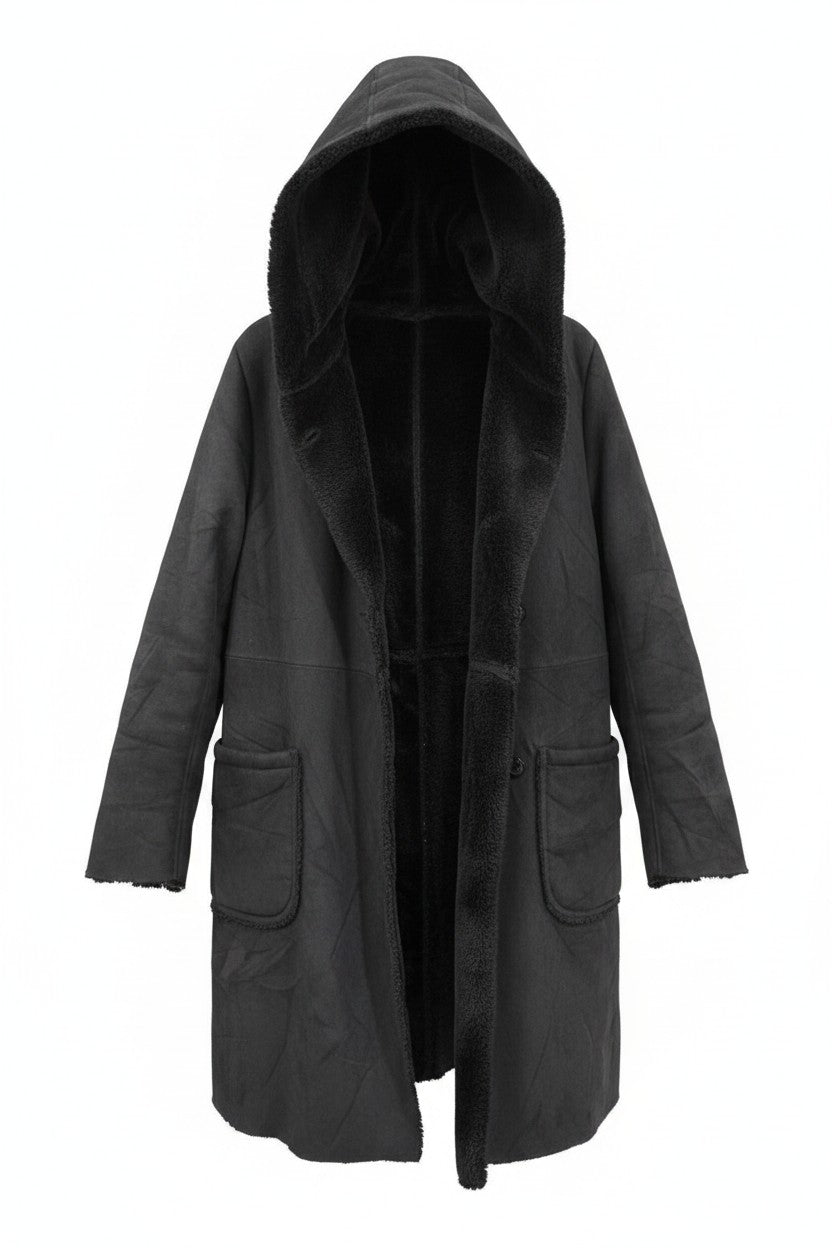 Faux Mouton Hooded Coat — All Black — Global Work