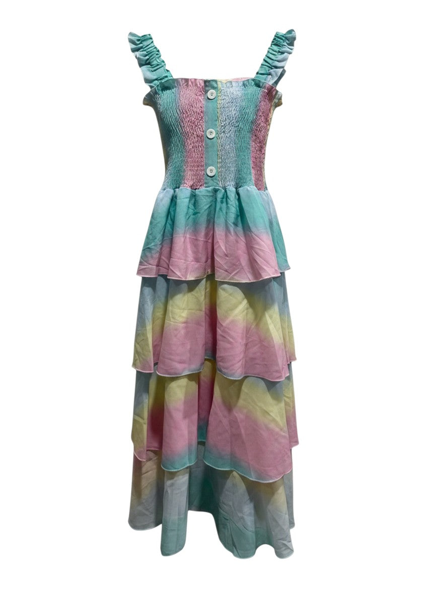 Kookai Rainbow Pastel Tiered Smocked Maxi Dress M