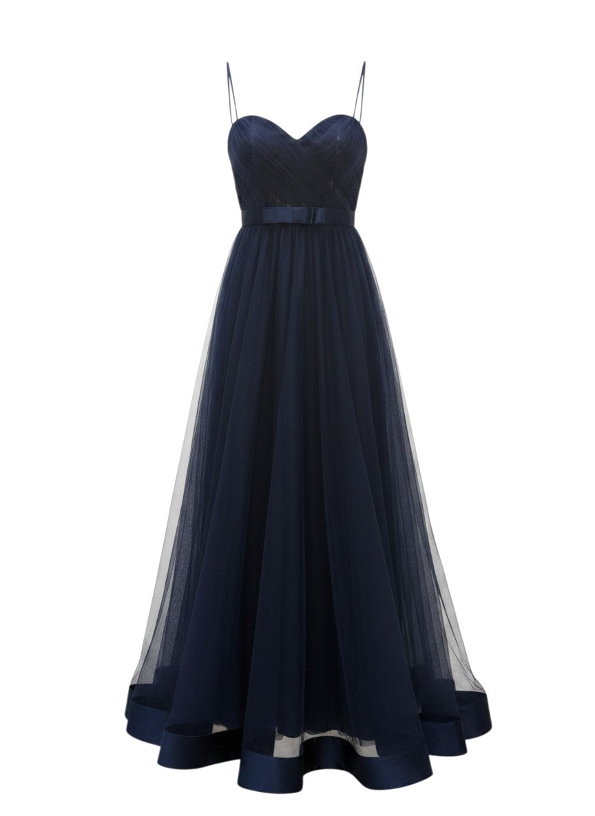 La Femme Navy Tulle Strapless Gown