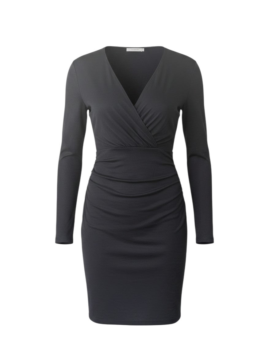 Black Draped V-Neck Ruched Jersey Mini Dress — Long Sleeve Elegant — BCBG Maxazria