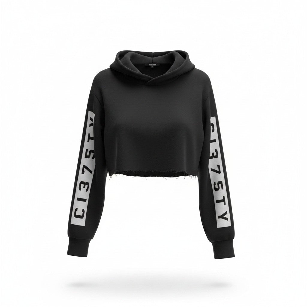 Cropped Hoodie — Black CI375TY Print — Doublefocus