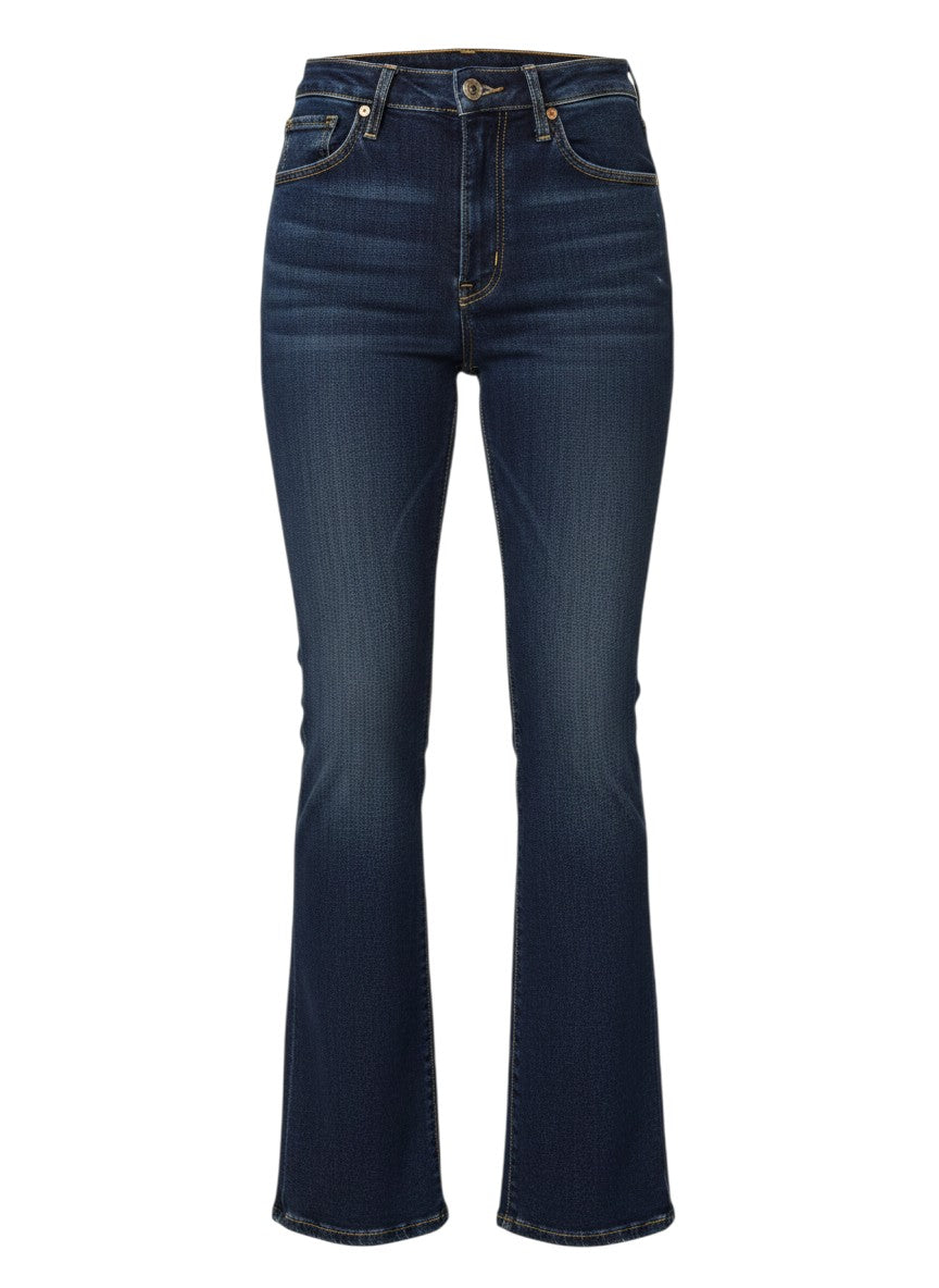 Dark Blue Flared Crop Denim Jeans — High-Rise Five-Pocket — Mottom