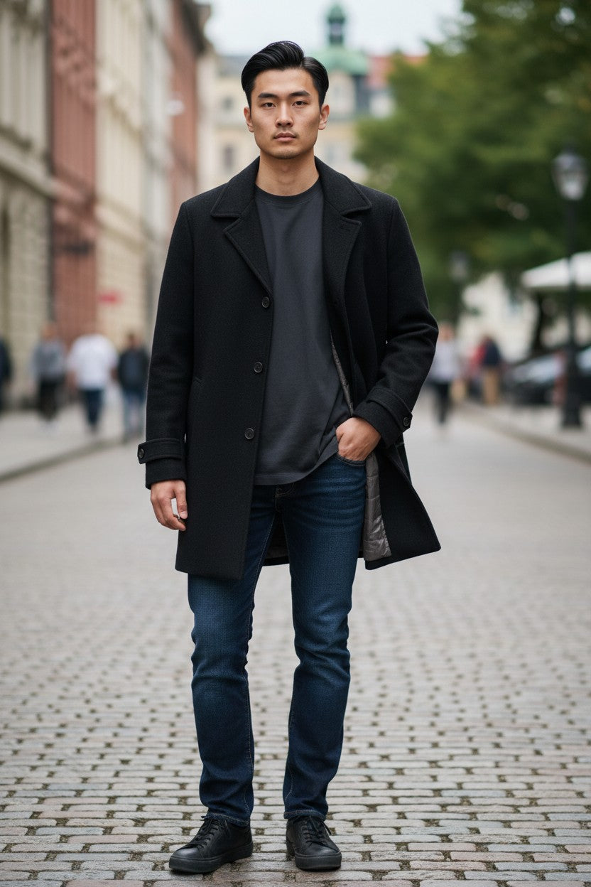 Men's Black Wool Coat — Notch Lapel — Calvin Klein