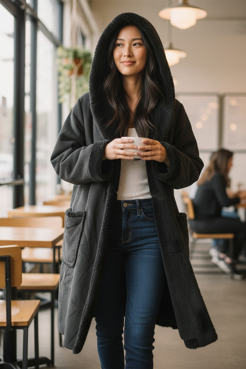 Faux Mouton Hooded Coat — All Black — Global Work