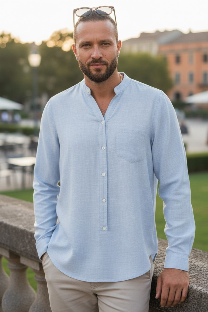 Light Blue Linen Mandarin Collar Shirt — TAC Trend Attractive Girl
