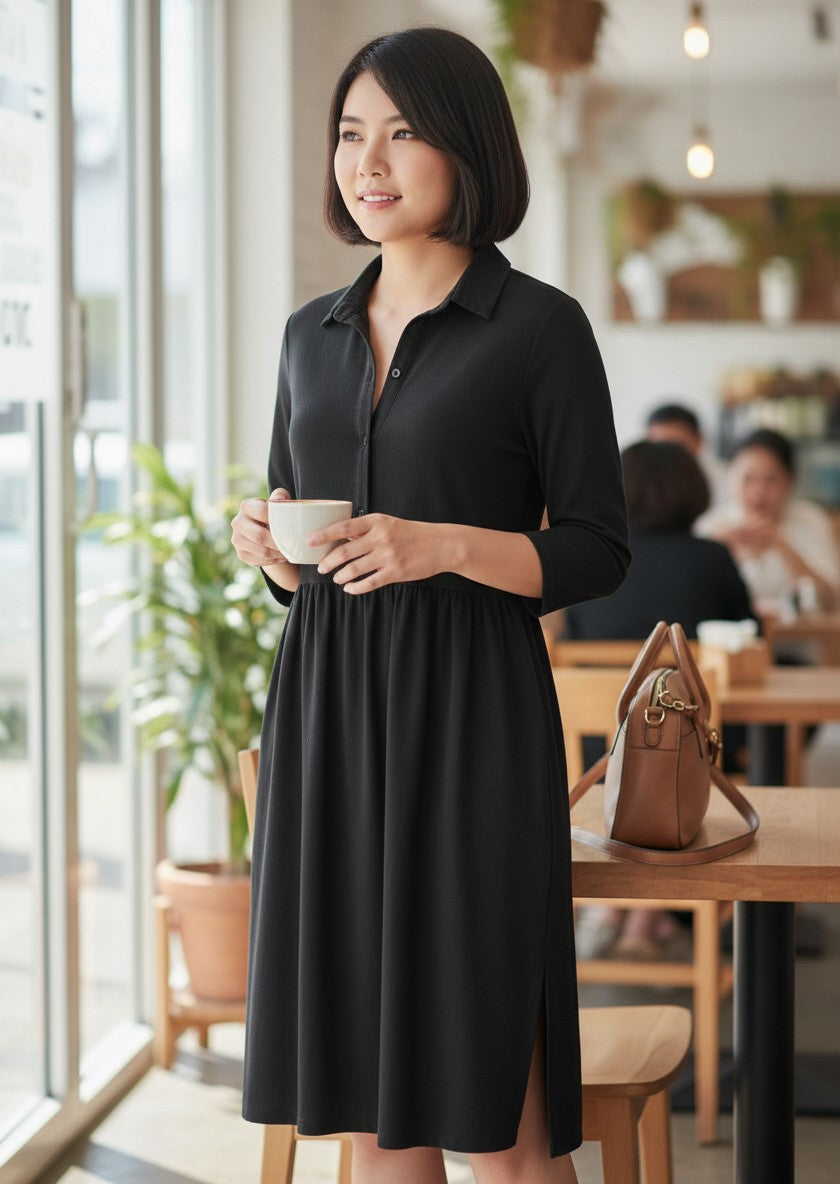 Black Gathered-Waist Shirt Dress — Button-Down Classic Silhouette — Yu Guo Guo