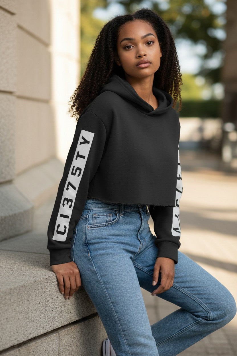 Cropped Hoodie — Black CI375TY Print — Doublefocus