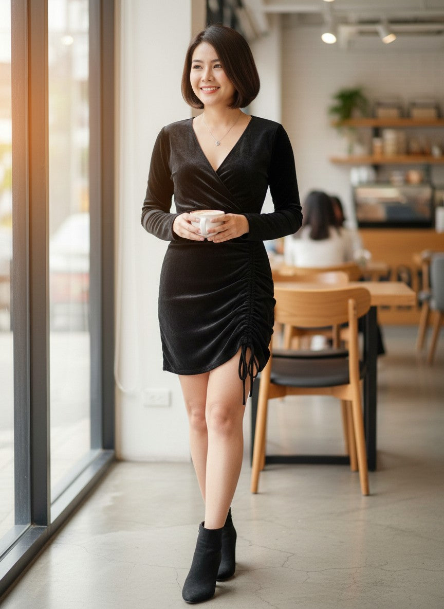 Qiao Jaren Black Velvet Wrap Mini Dress