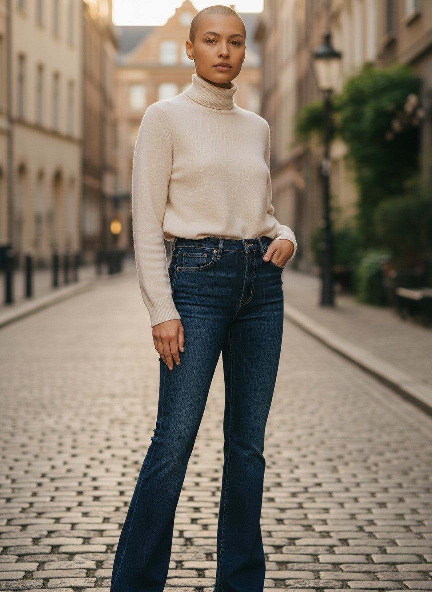 Dark Blue Flared Crop Denim Jeans — High-Rise Five-Pocket — Mottom