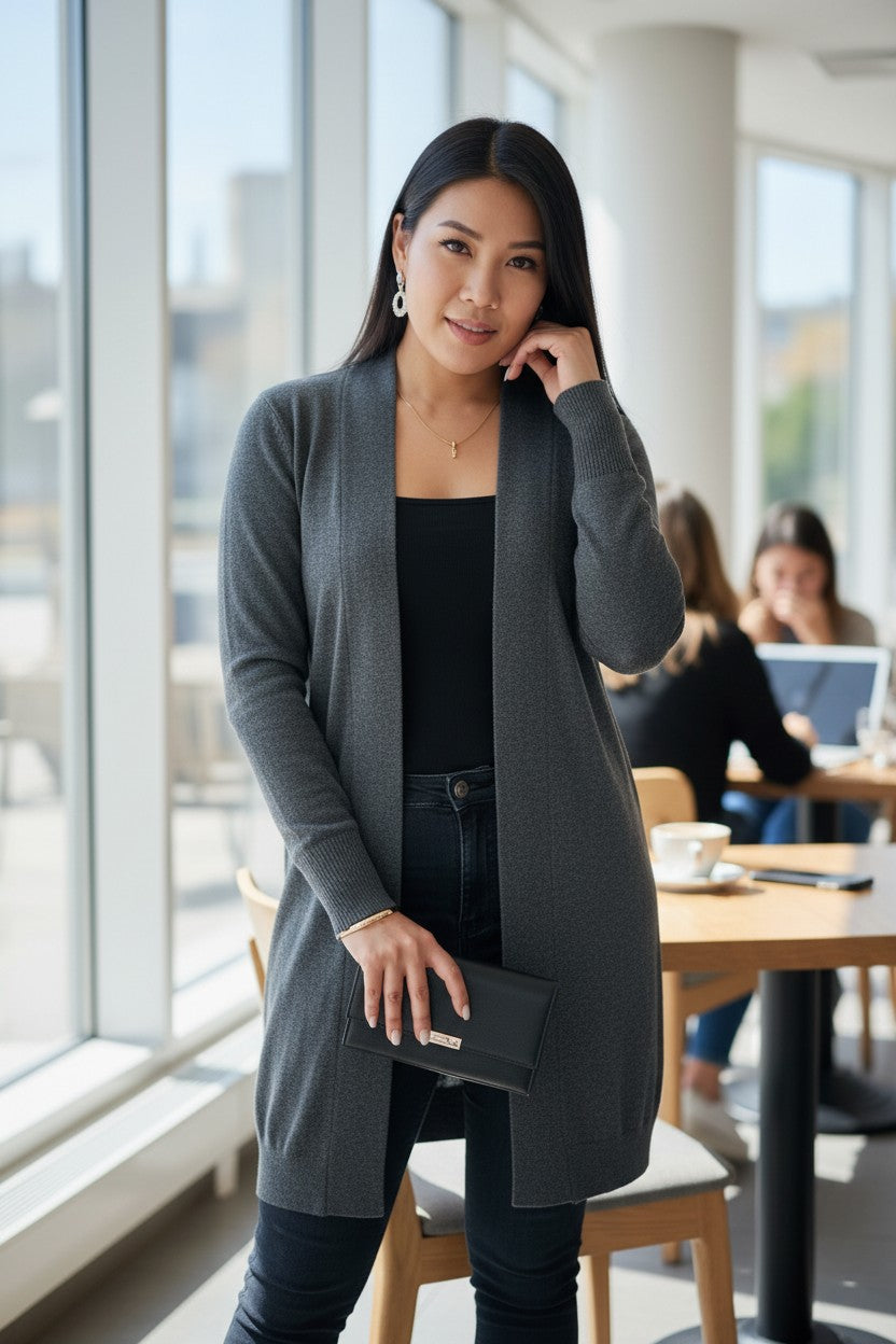 Open-Front Long Cardigan — Charcoal Grey — Mango Basics