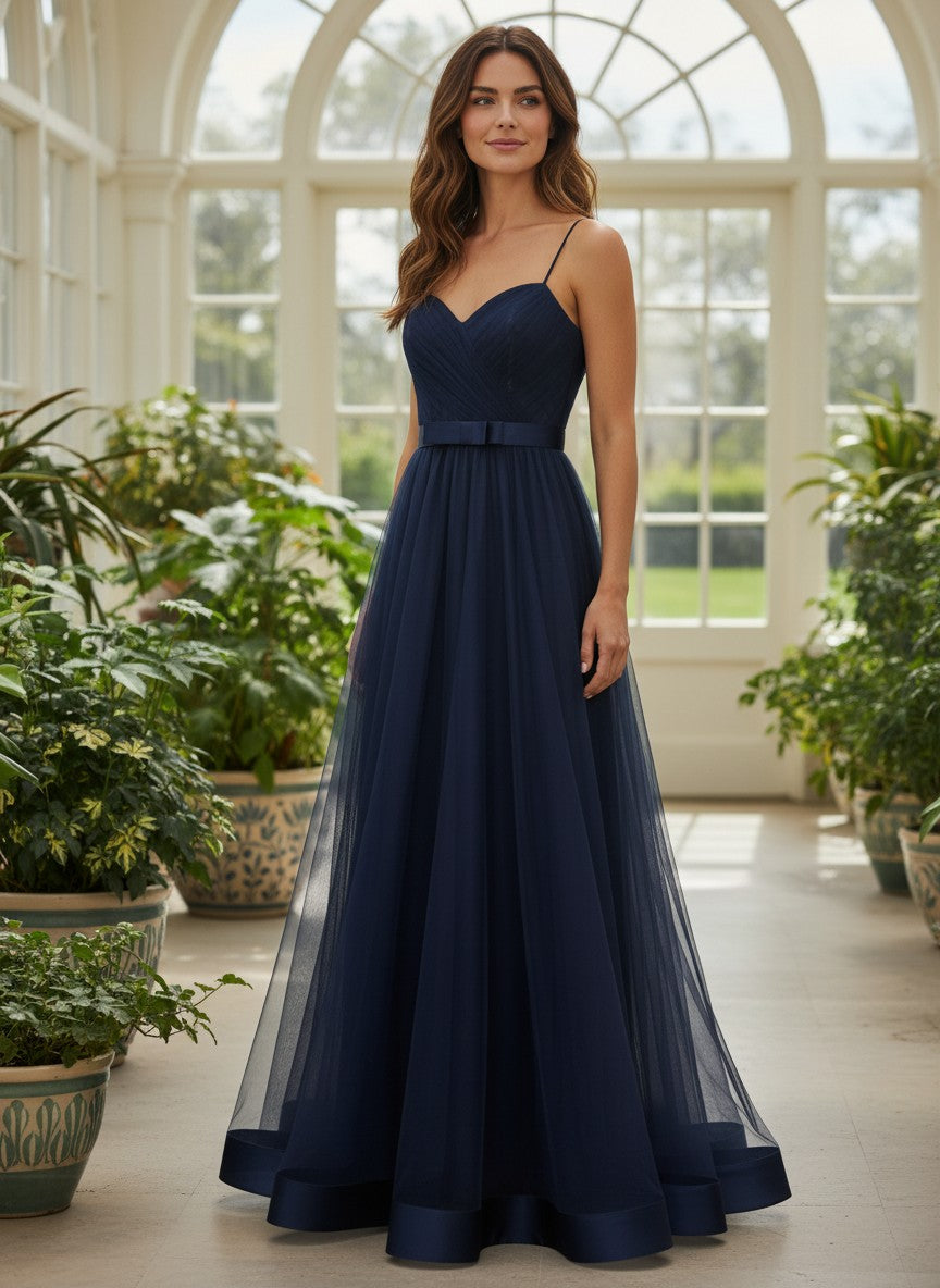 La Femme Navy Tulle Strapless Gown